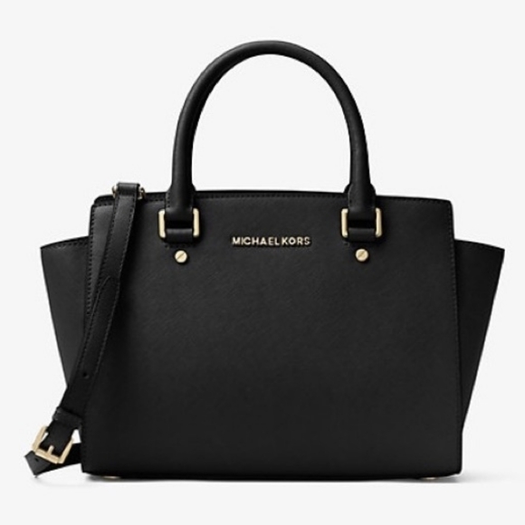 Michael Kors Handbags - Michael Kors Selma Black Saffiano Leather Satchel Gold Hardware